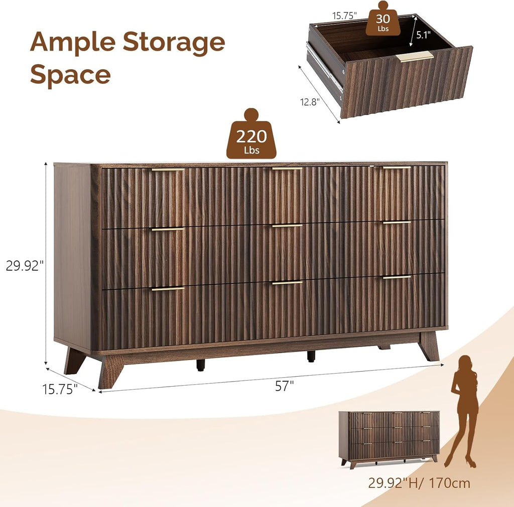 Walnut 57 Inch Fluted Dresser Featuring Metal Handles