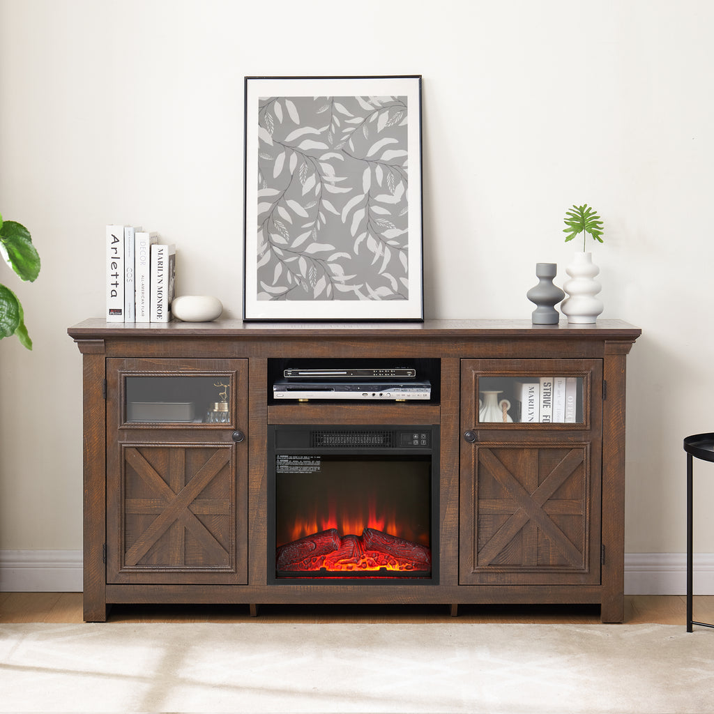2 Doors Cabinet Farmhouse  Cabinet, Farmhouse TV Stand Barn Design,Farmhouse TV Media Stand, Large Barn Inspired Home Entertainment Console with 18' fireplace insert,Espresso,60.23'W*15.35'D*31.7'H