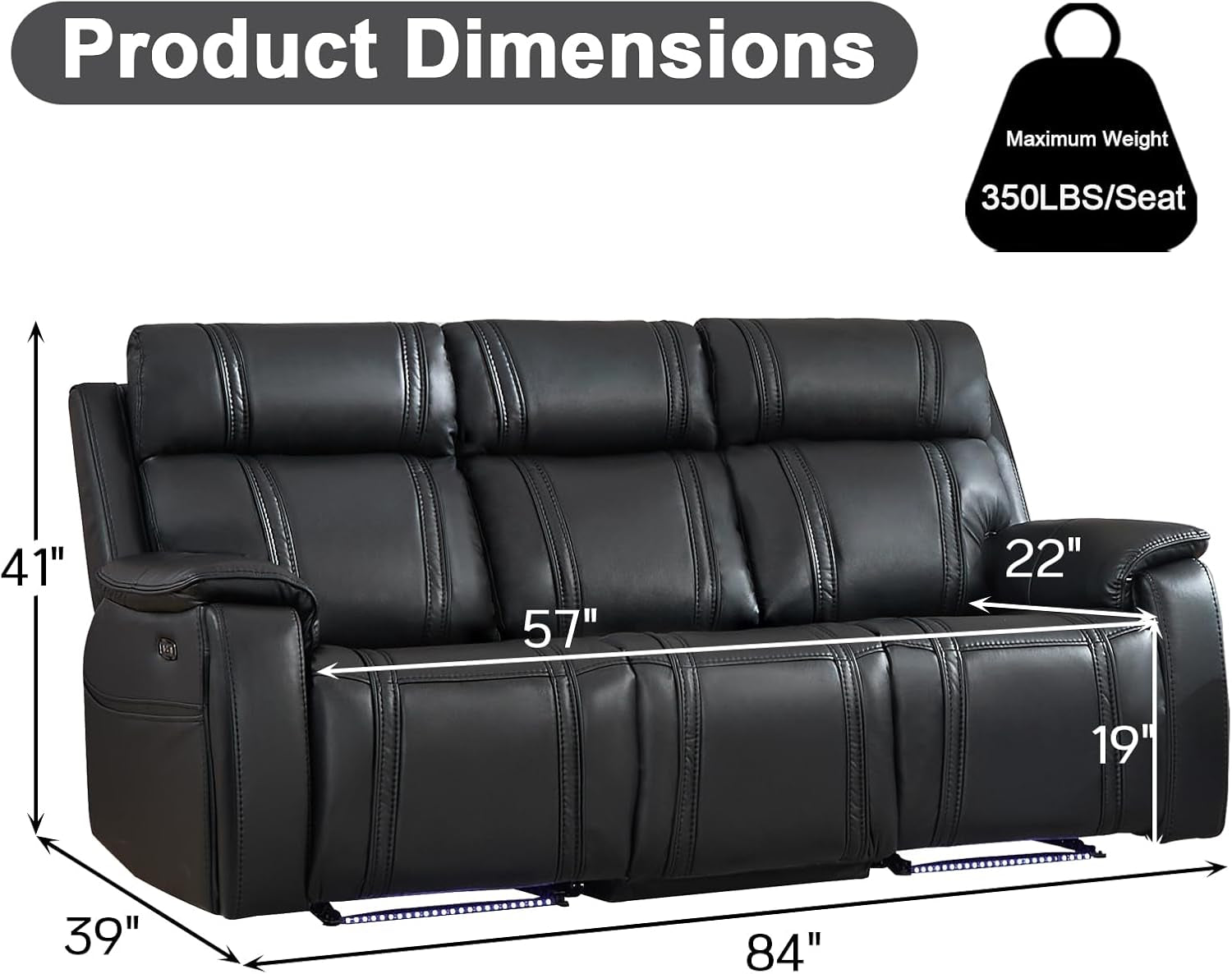 Black Leather Ambient Lighting Power Recliner Sofa-1