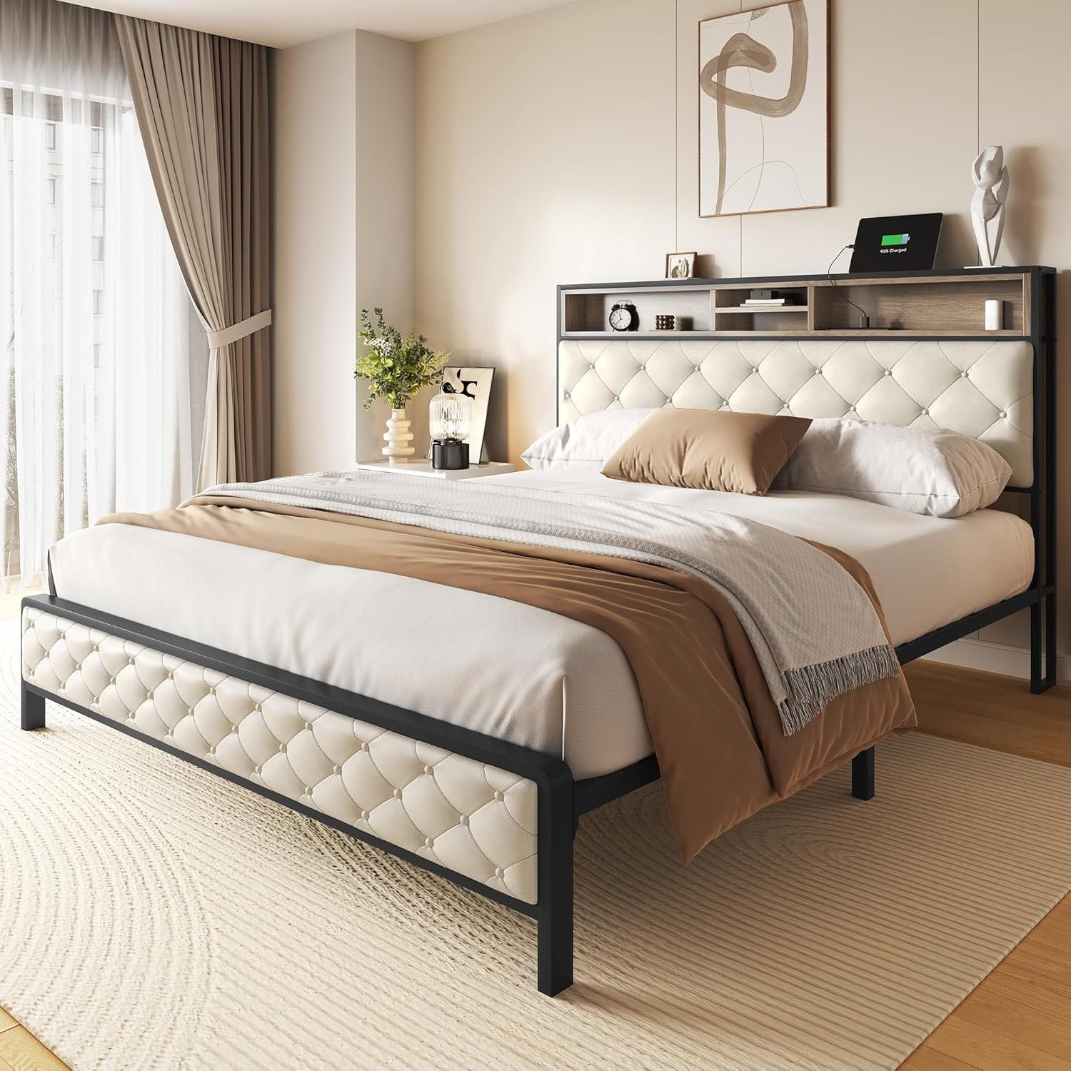 Queen Size Bed Frame, Platform Bed Frame with Charging Station, Upholstered Storage Headboard & Footboard Metal Slats Supports Mattress Foundation, No Box Spring Needed, Beige(No Drawers)