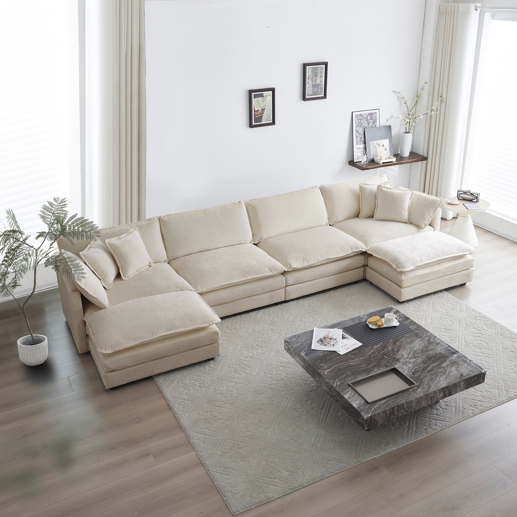 Comfort U Shaped Couch with Reversible Chaise, Modular Large U-Shape Sectional Sofa, Double Extra Ottomans,Light Coffee Chenille