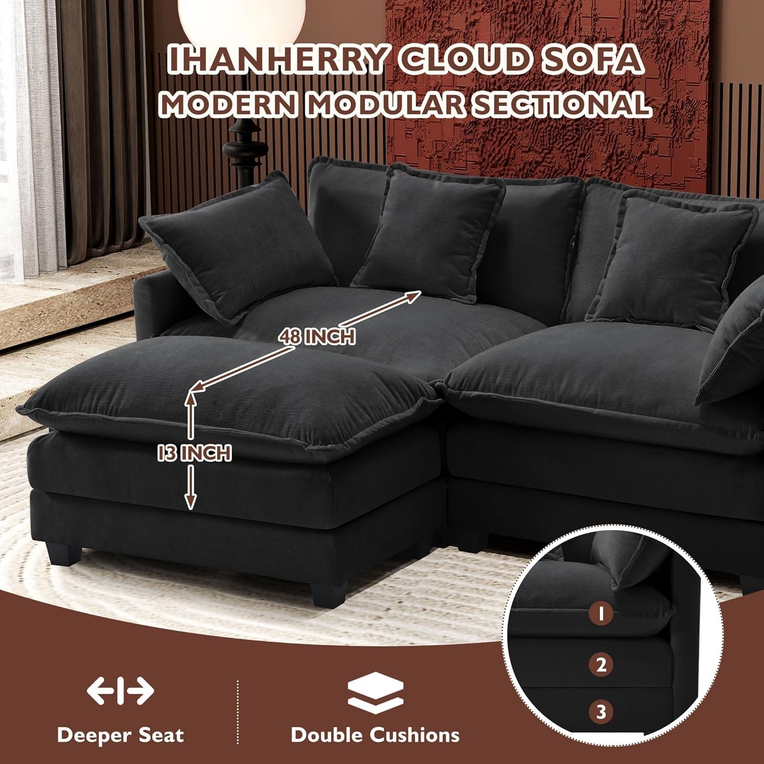111.4-Inch L-Shaped Black High-Resilience-Deep-Seat Sectional Sofa-2