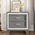 Mid Century Vintage Nightstand with Silver Glitter Strip Decor and Metal Legs, Velvet Bedside Table with 2 Drawers, Fully Assembled Except Legs and Handles, Gray
