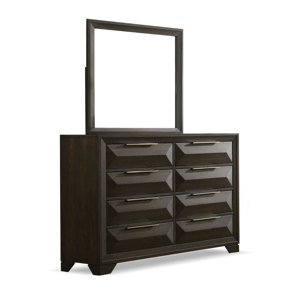 Transitional Dresser with Mirror Beveled Bracket Feet Metal Handles 8-Drawers English Dovetail Espresso Wood Furniture