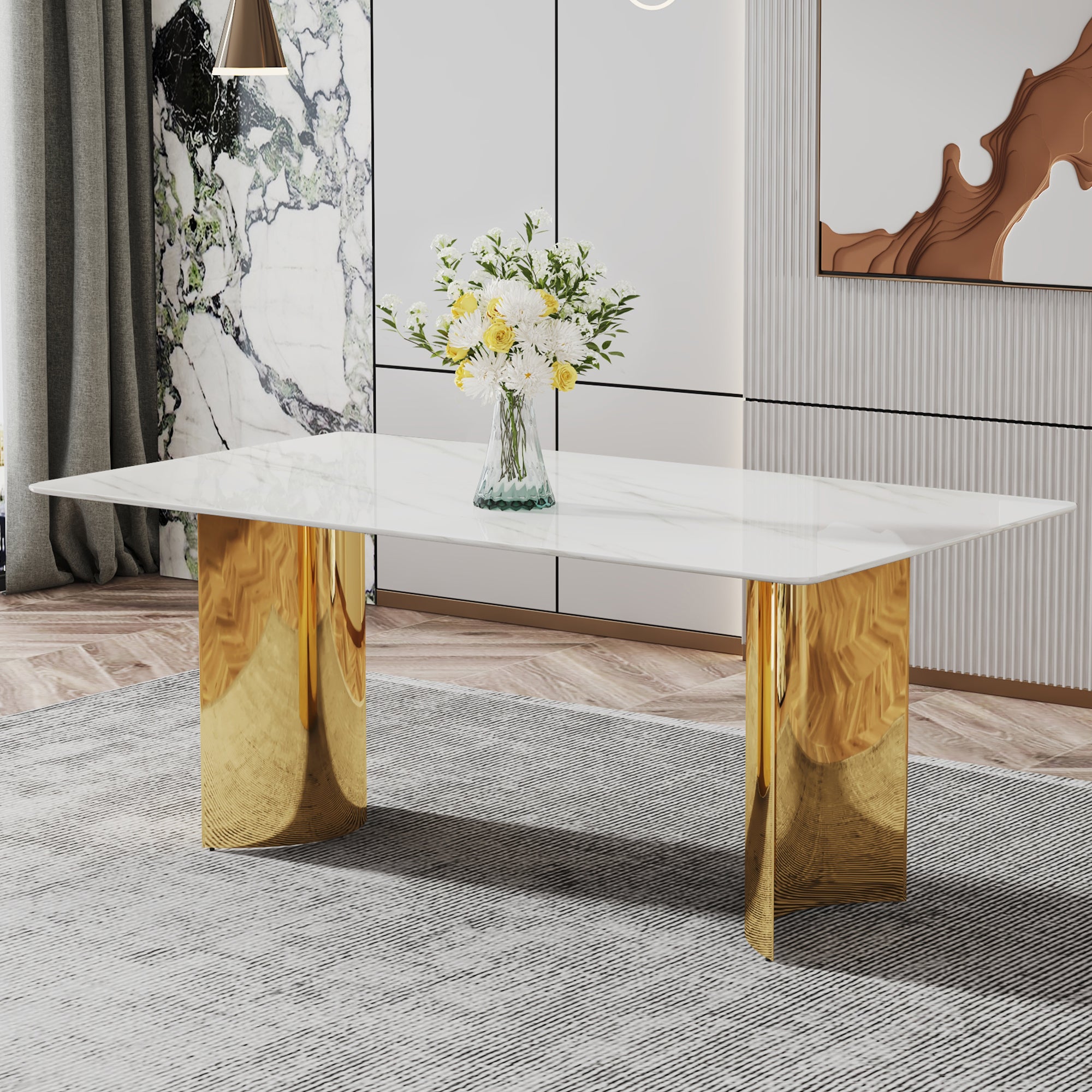 Modern minimalist dining table. The white imitation marble glass desktop is equipped with golden metal legs. Suitable for restaurants and living rooms 71 '* 39.3' * 29.5 'W1151S00602