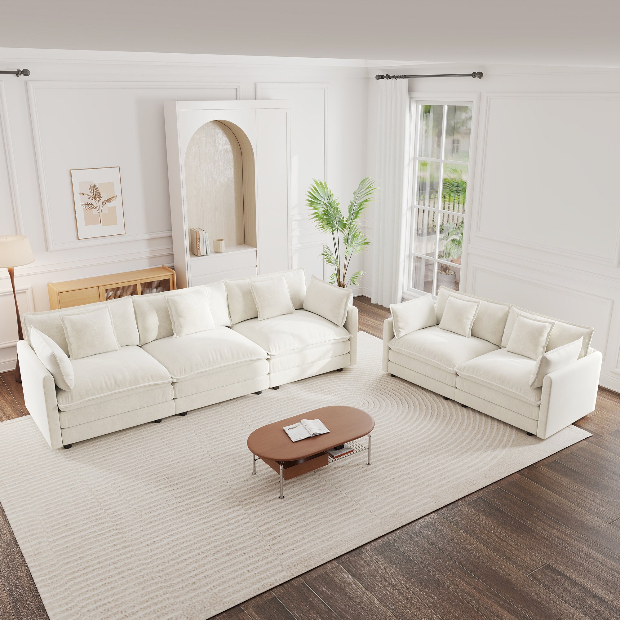 Sofa Set of 2 Chenille Couch, 2+3 Seater Sofa Set Deep Seat Sofa, Modern Sofa Set for Living Room, White Chenille