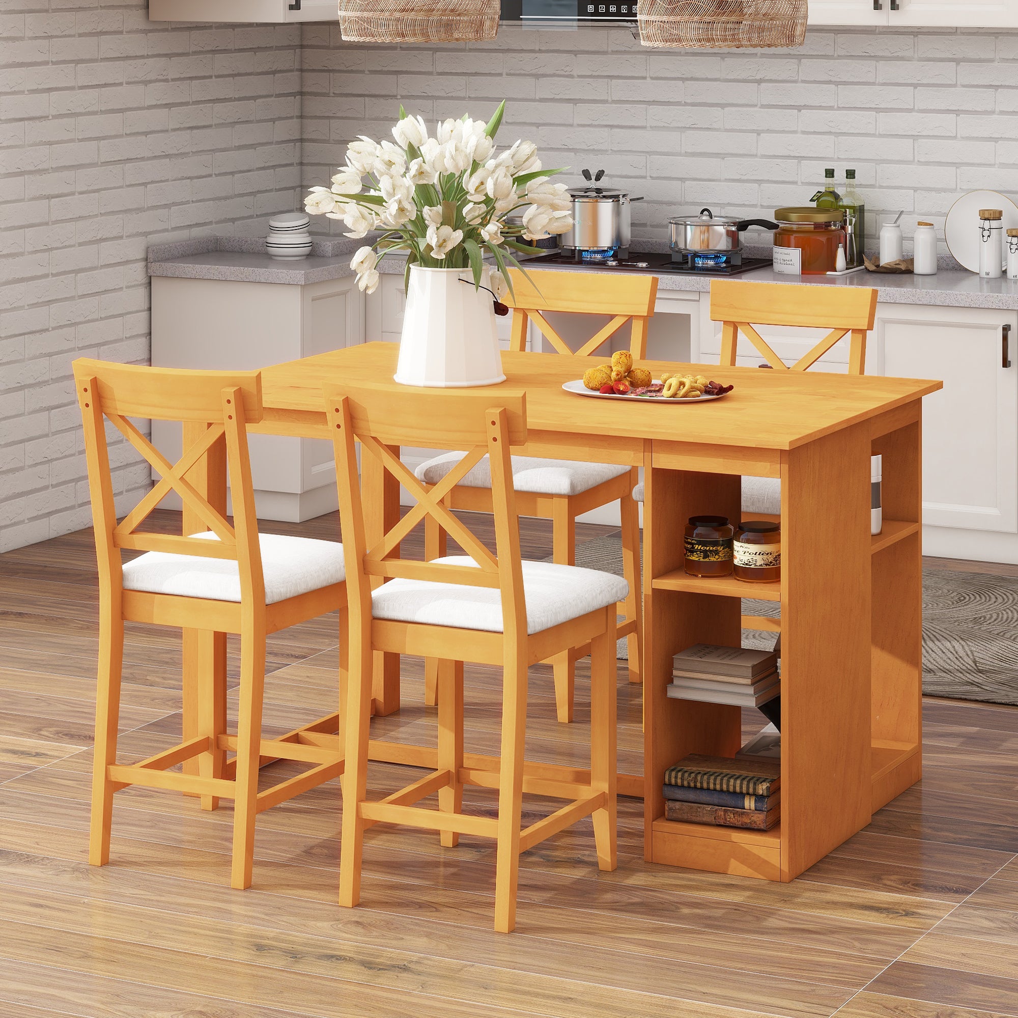 TOPMAX 60'Lx30'W Solid Wood Farmhouse Counter Height Dining Table Set with 3-Tier Storage Shelves, Upholstered Dining Chairs for 4, 5-Piece, Brown