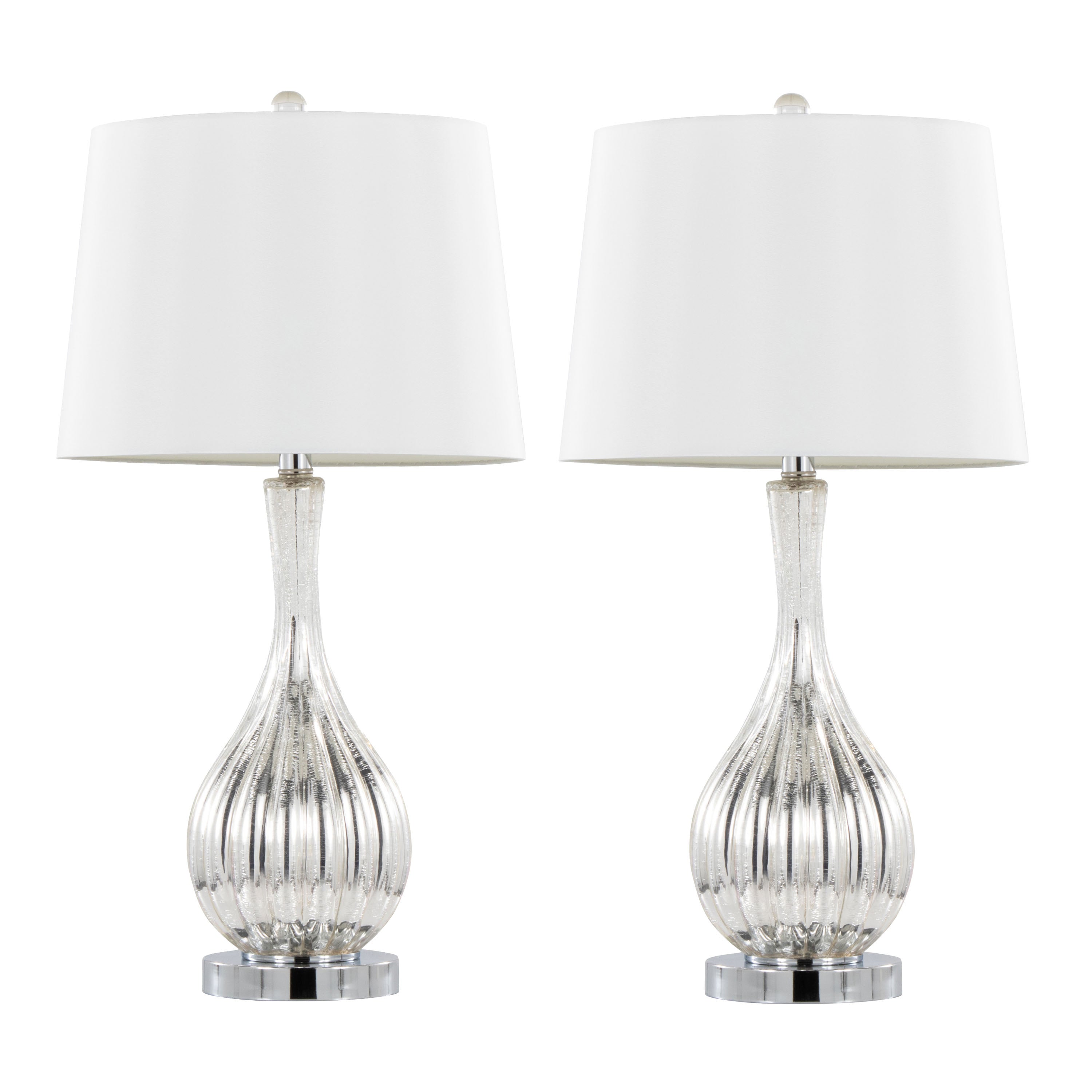Glass Table Lamp in Silver Crackle Glass and Chrome Metal with White Linen Shade - Set of 2