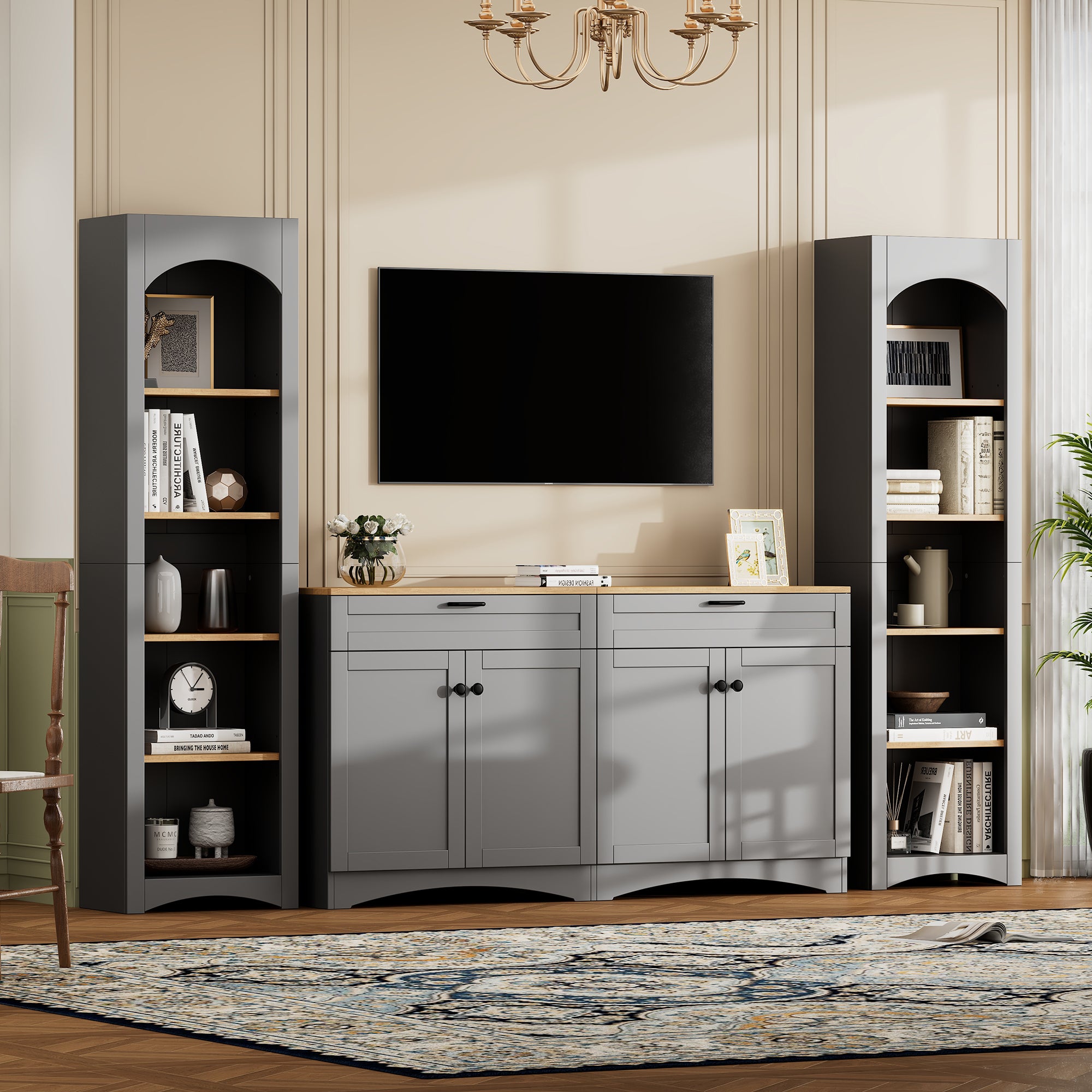 ON-TREND 3-Piece Farmhouse Entertainment Center with Storage Cabinet for TVs Up to 70', Mid-Century TV Stand with Bookshelf, Rustic Versatile Sideboard with Adjustable Shelves for Living Room, Grey