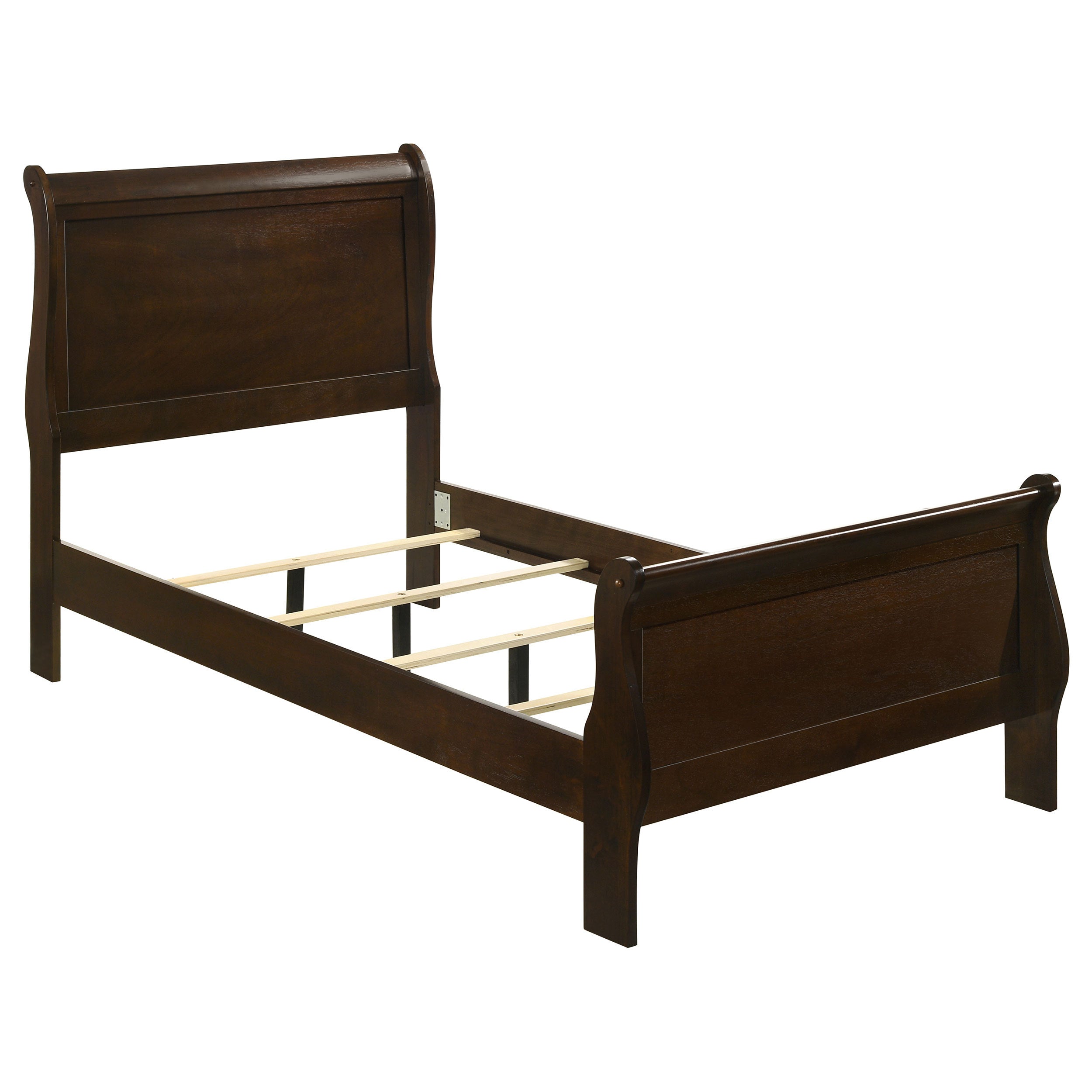 Bruno Cappuccino 5-Piece Twin Bedroom Set with Sleigh Bed, Dark Wood Finish, Silver Drawer Pulls, Cappuccino Color, Wood Material, Twin Size