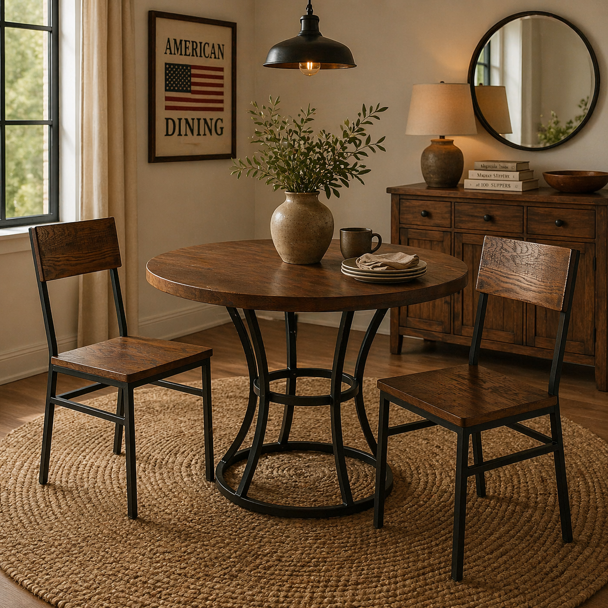 Set of 2 Assembled Commercial-Grade Farmhouse Style Dining Chairs with Metal Frame and American Red Oak Seat & Back, Comfortable for Kitchen & Dining Room