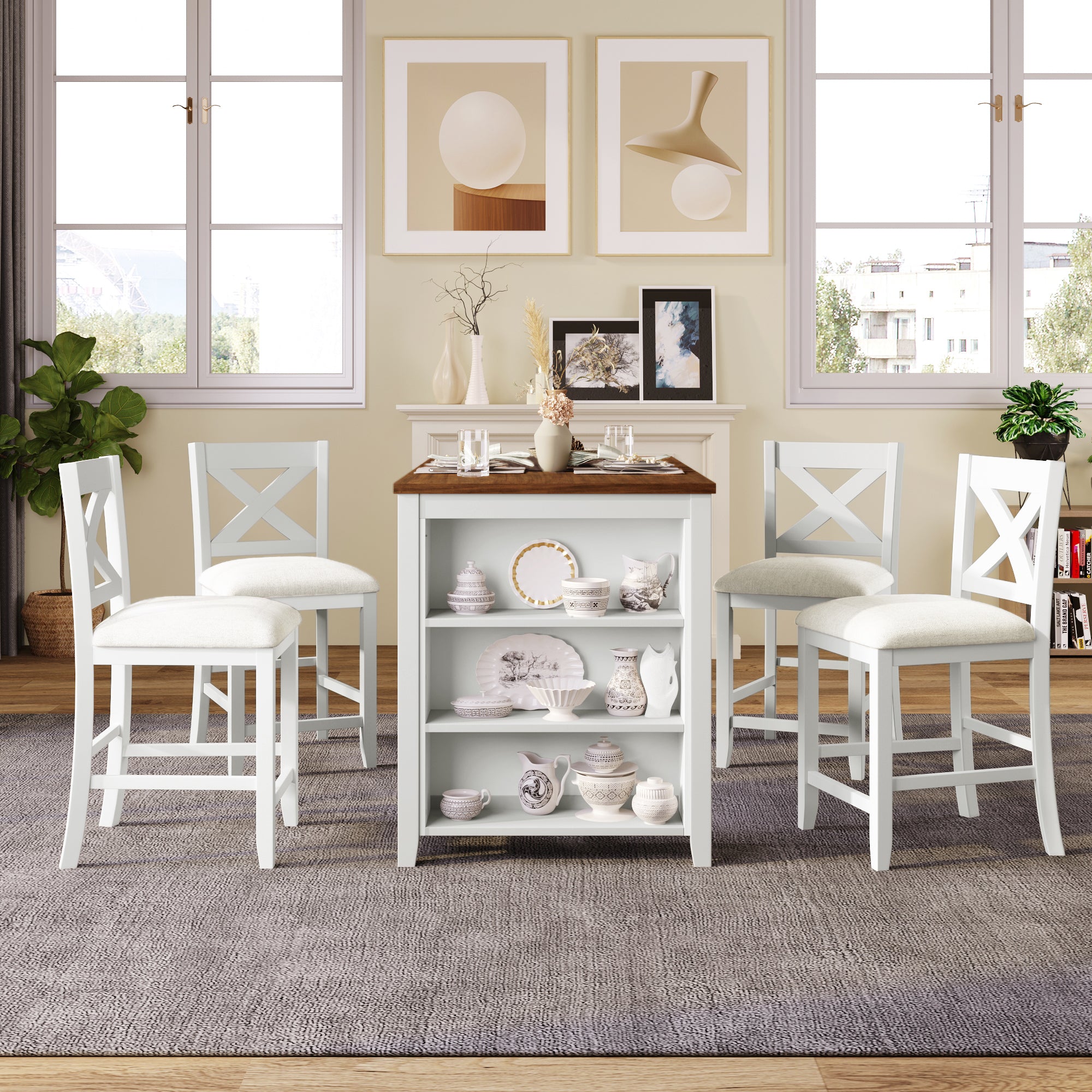 TOPMAX 5 Pieces Counter Height Rustic Farmhouse Dining Room Wooden Bar Table Set with 4 Chairs, White(old sku:SP011135AAK)