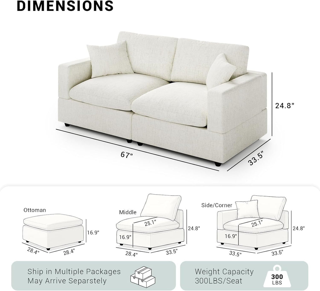 68-Inch White Modular Sectional Sofa Cushioned Comfort-1