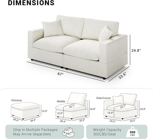 68-Inch White Modular Sectional Sofa Cushioned Comfort-1