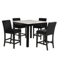 Modern 5pc Counter Height Dining Set with White Faux Marble Table, Black Velvet Upholstered Tufted Nail Head Chairs, Wooden Legs in Black Finish