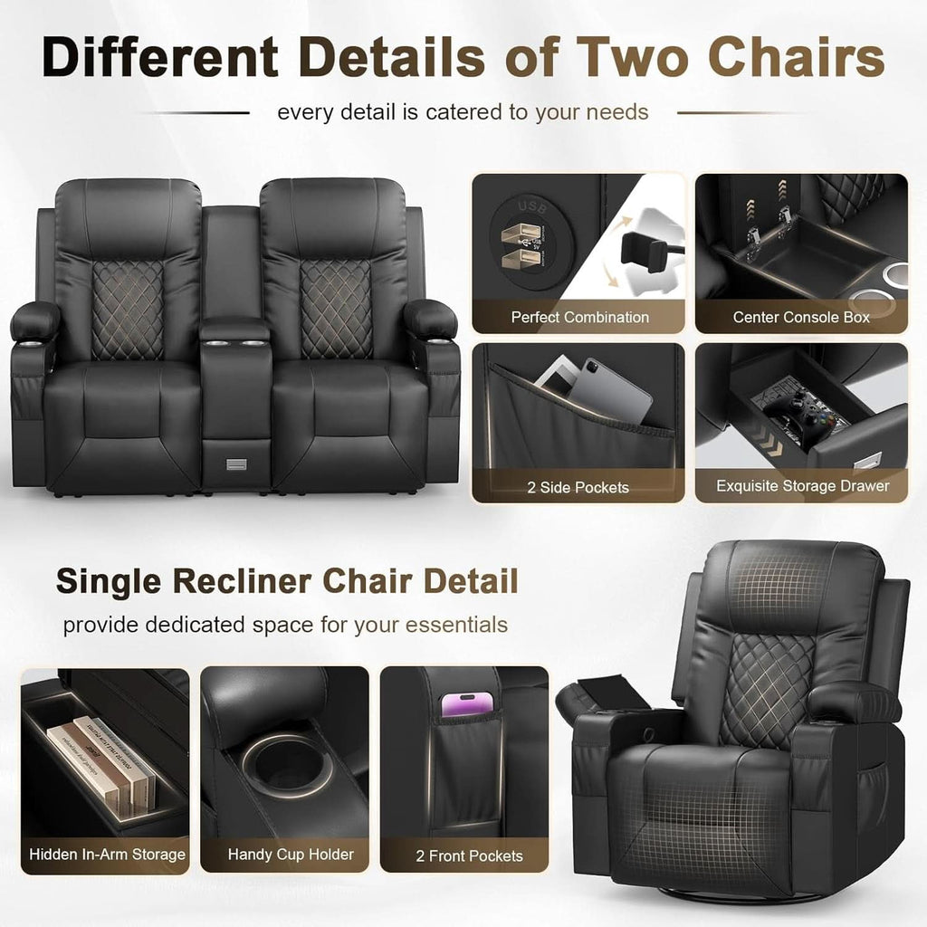 Living Room Furniture Set Loveseat Recliner And 2 Piece Massage Recliner Chairs-4