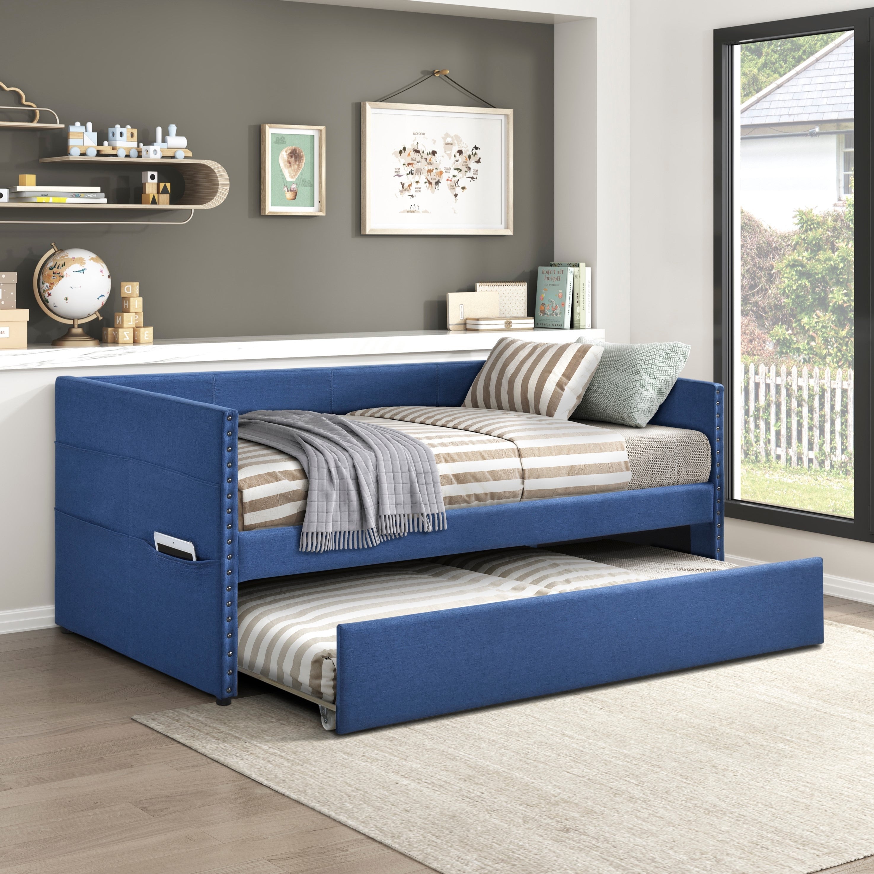 Modern Daybed Pull-out Trundle Side Pockets Blue Upholstery Nailhead Trim Bedroom Living Room Furniture 1pc