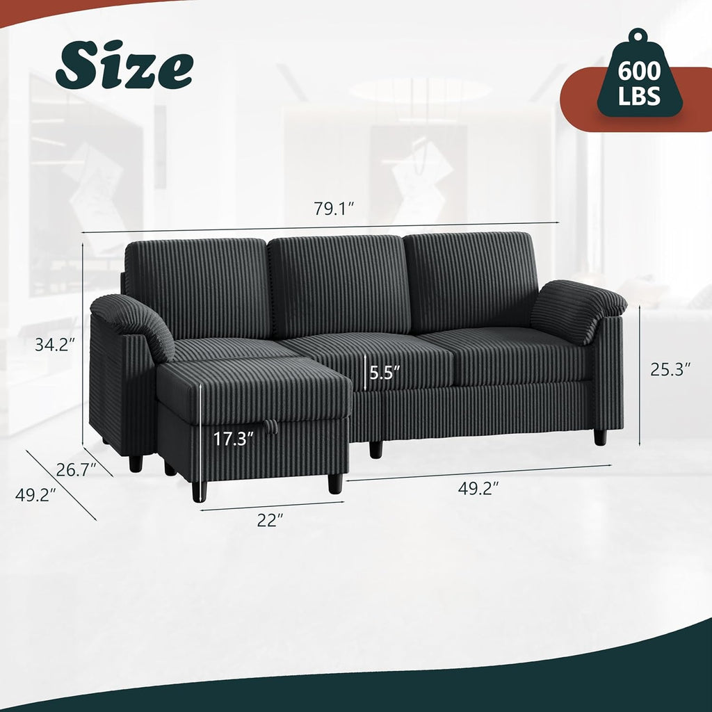 79 Inch Corduroy Upholstered Sectional Sofa Charcoal-1
