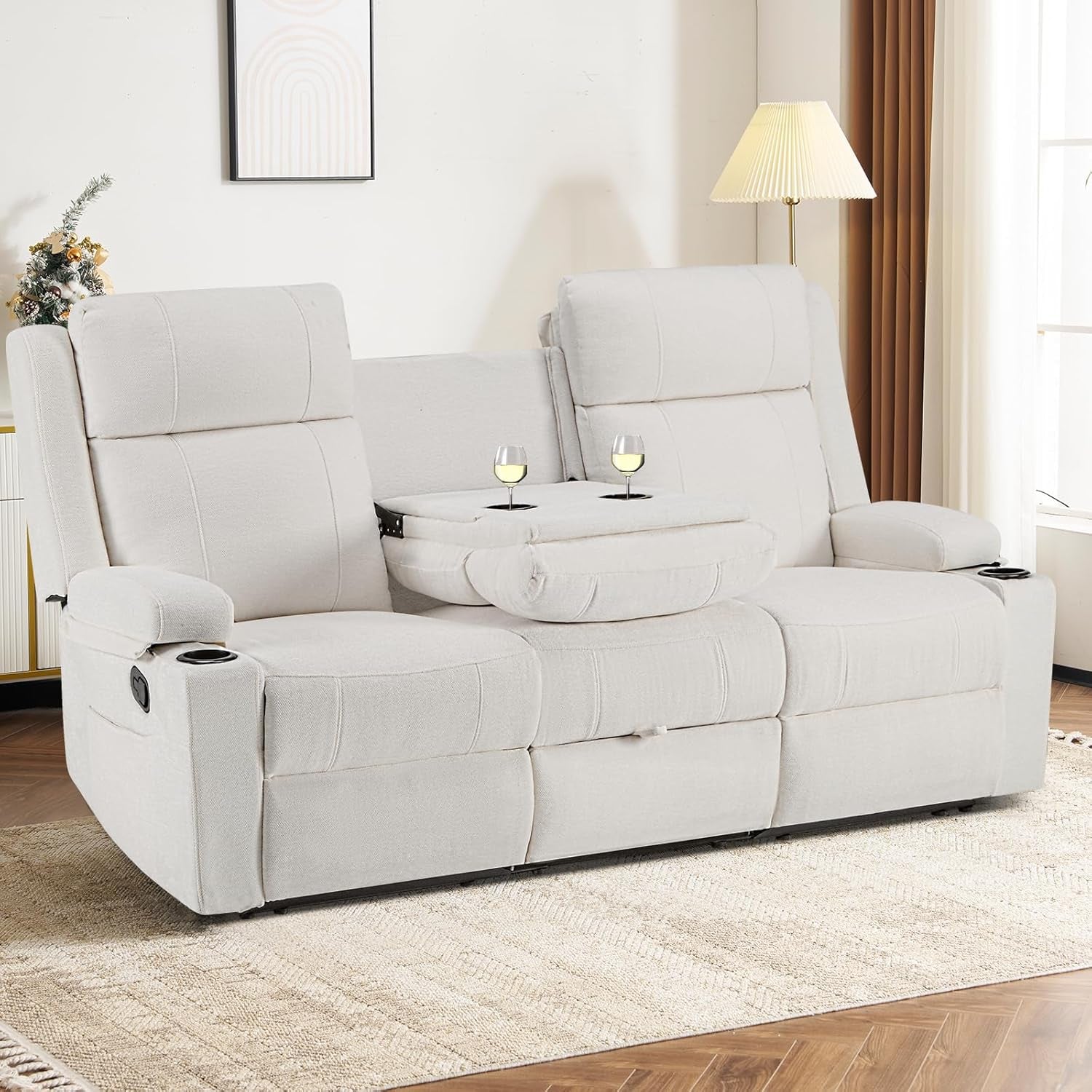 Beige Leatherette Recliner Sofa With Dual Cupholders-0