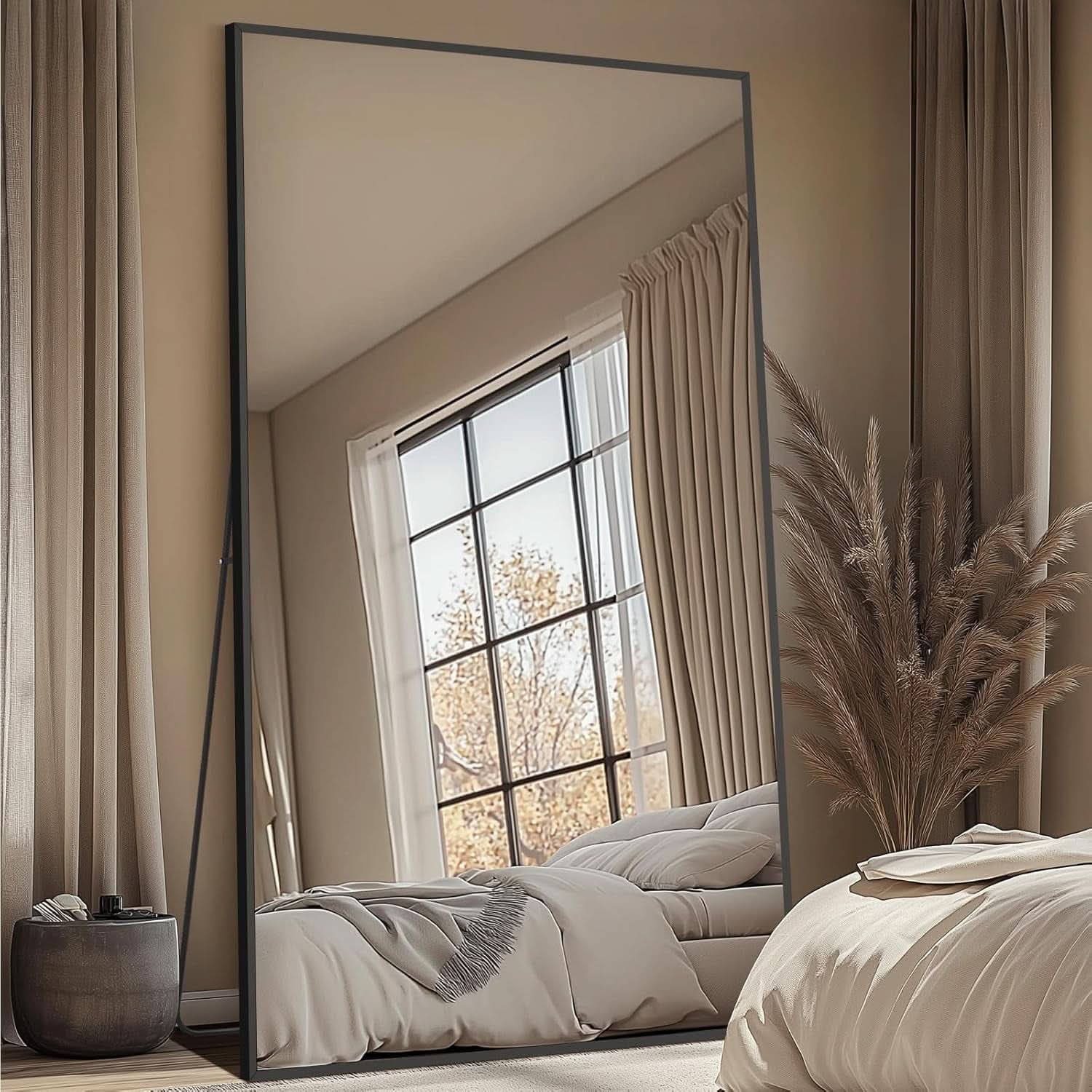 82x44Inches Full Length Arched Frame Floor Mirror Black-1