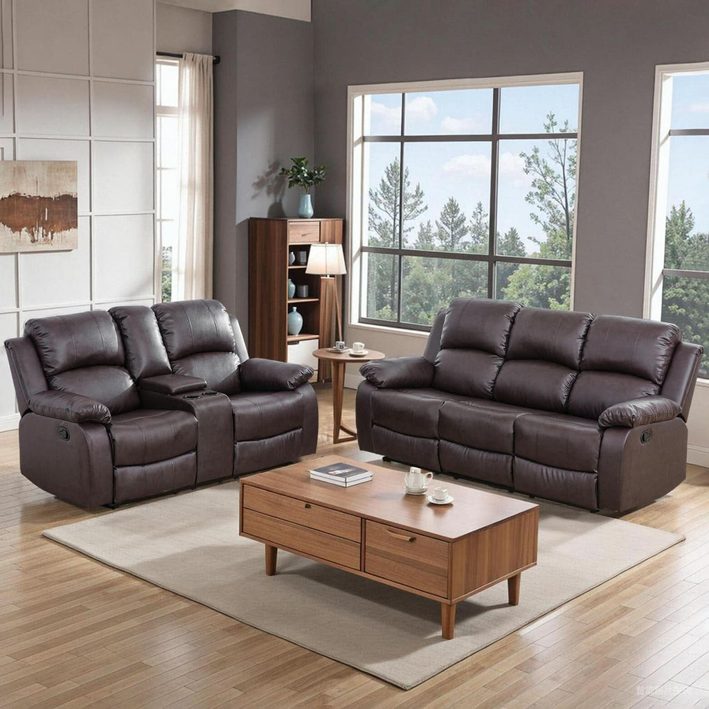 Brown Recliner Sofa With Pull Down Table Two Piece Set-0