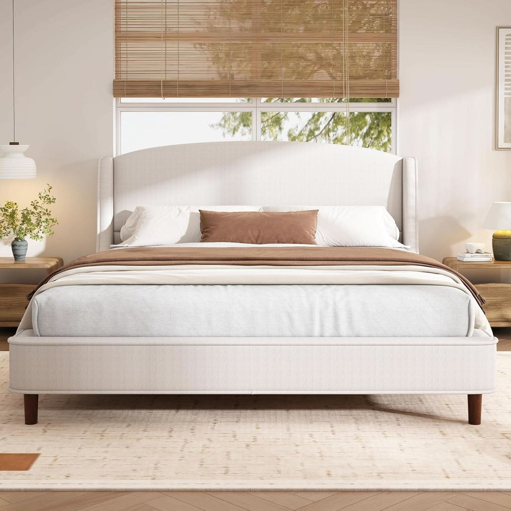 King Size Beige Upholstered Wing back Platform Bedframe-2