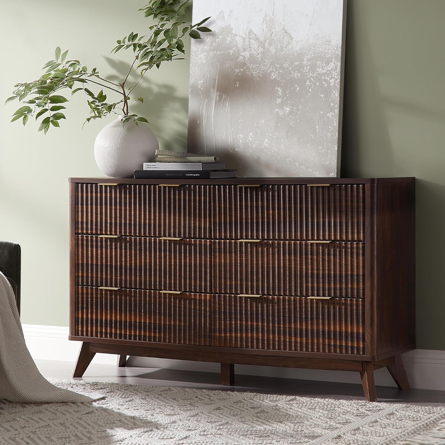 Dark Walnut Contemporary Fluted Six Drawer Dresser