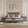 3-Pieces Bedroom Sets,Queen Size Upholstered Platform Bed with LED Lights and Two Nightstands-Gray