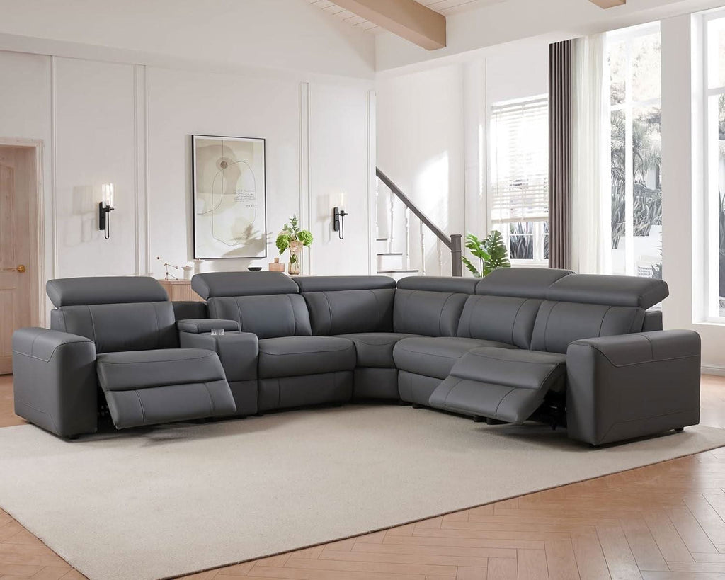 Grey Leather Power Recliner Sofa With Center Console-0