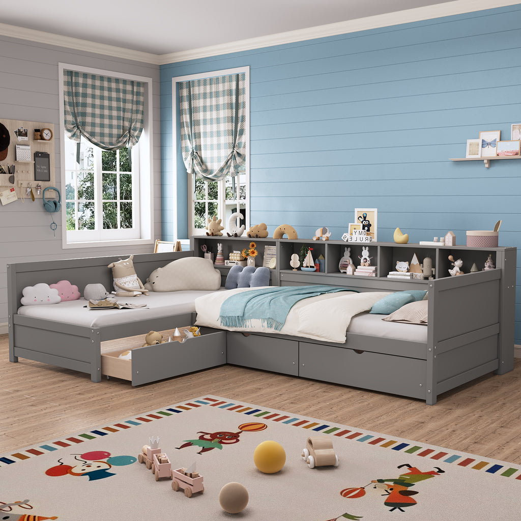 Twin Size Day Bed for 2, L- Shape Twin Size Bed Frame