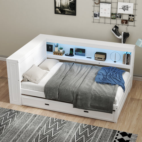 White Full Size Wood Daybed with Storage Shelves, LED, USB, and Trundle, Solid Pine Wood+MDF