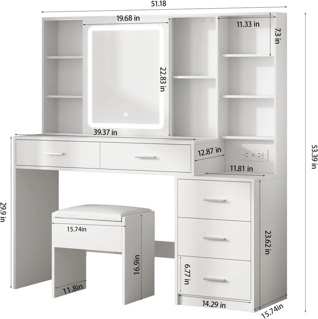 White Vanity Desk With Illuminated Mirror USB Charging Port-1