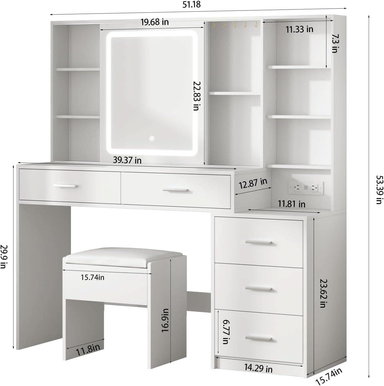 White Vanity Desk With Illuminated Mirror USB Charging Port-1