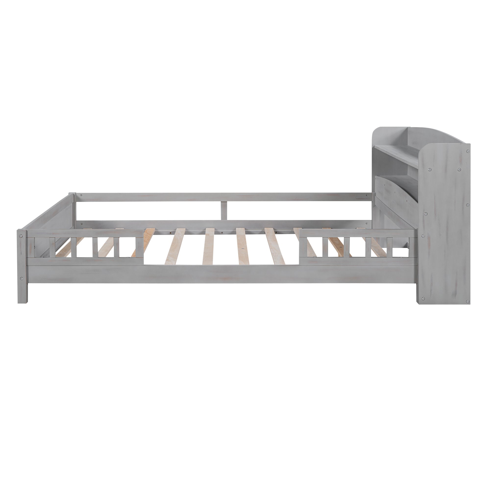 Antique Grey Wood Full Size Platform Bed with Built-in LED Light, Storage Headboard and Guardrail, Solid Pine Wood+MDF