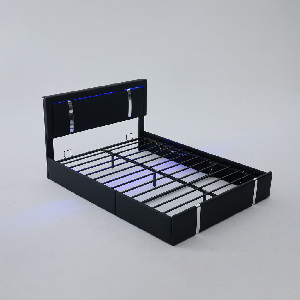Modern Queen Bed Frame with Adjustable LED Headboard, USB-C Charging, Hydraulic Support, Faux Leather Upholstered Platform Bed in Black