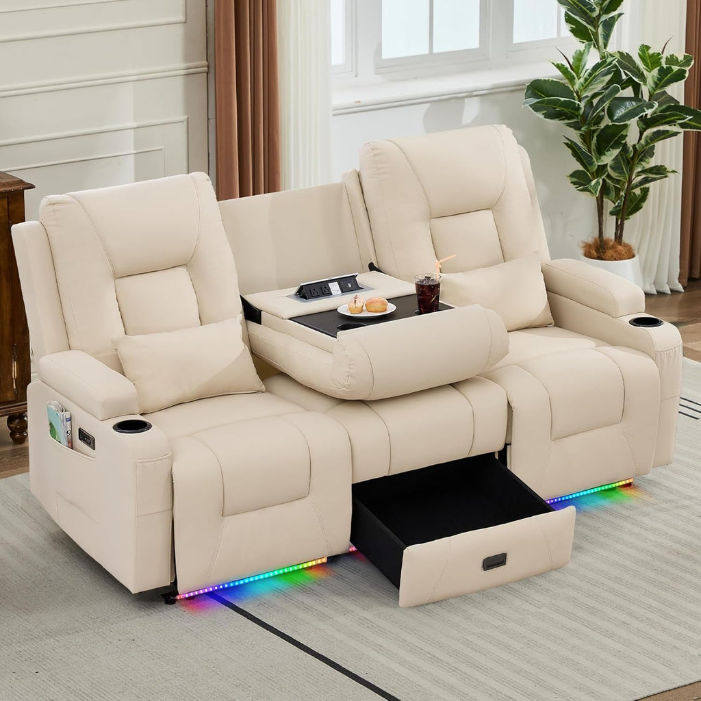 Power Loveseat Recliner Sofa Beige Ambient Lighting-0