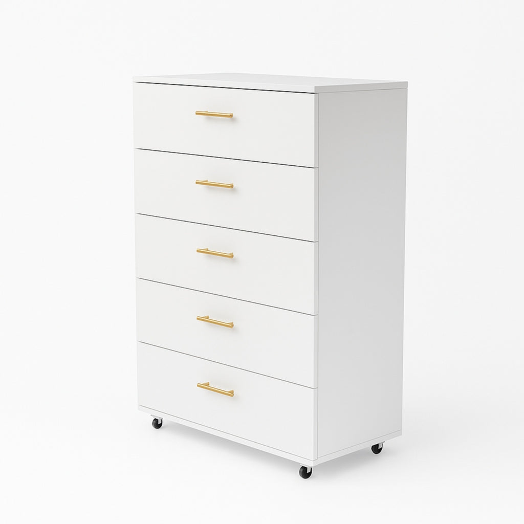 Modern White 5-Drawer Dresser with Metal Handles – Durable Melamine Finish Storage Cabinet