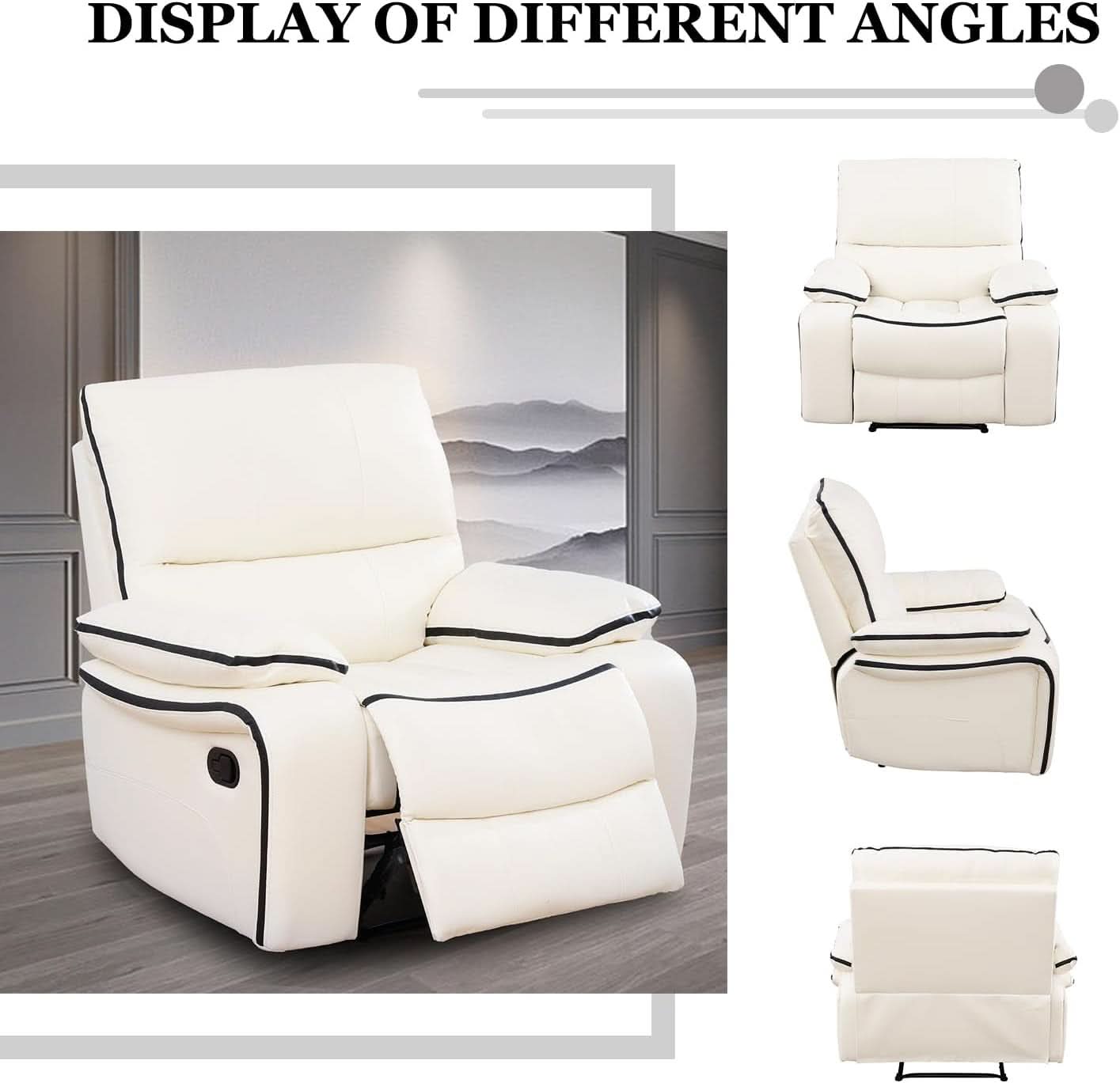 Cream White Bonded Leather Recliner Sofa Set With Manual Recliner-4