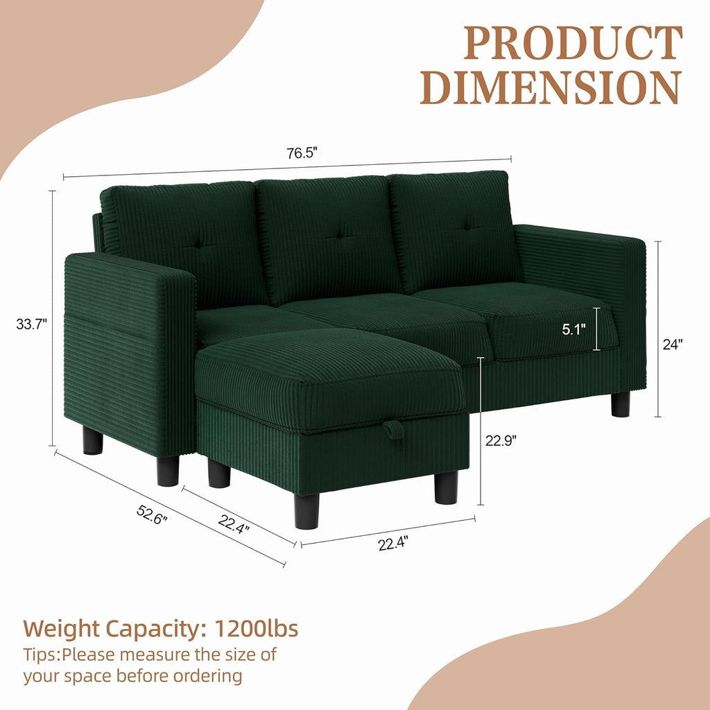 Green 76 Inches Upholstered Sectional Sofa Storage-1