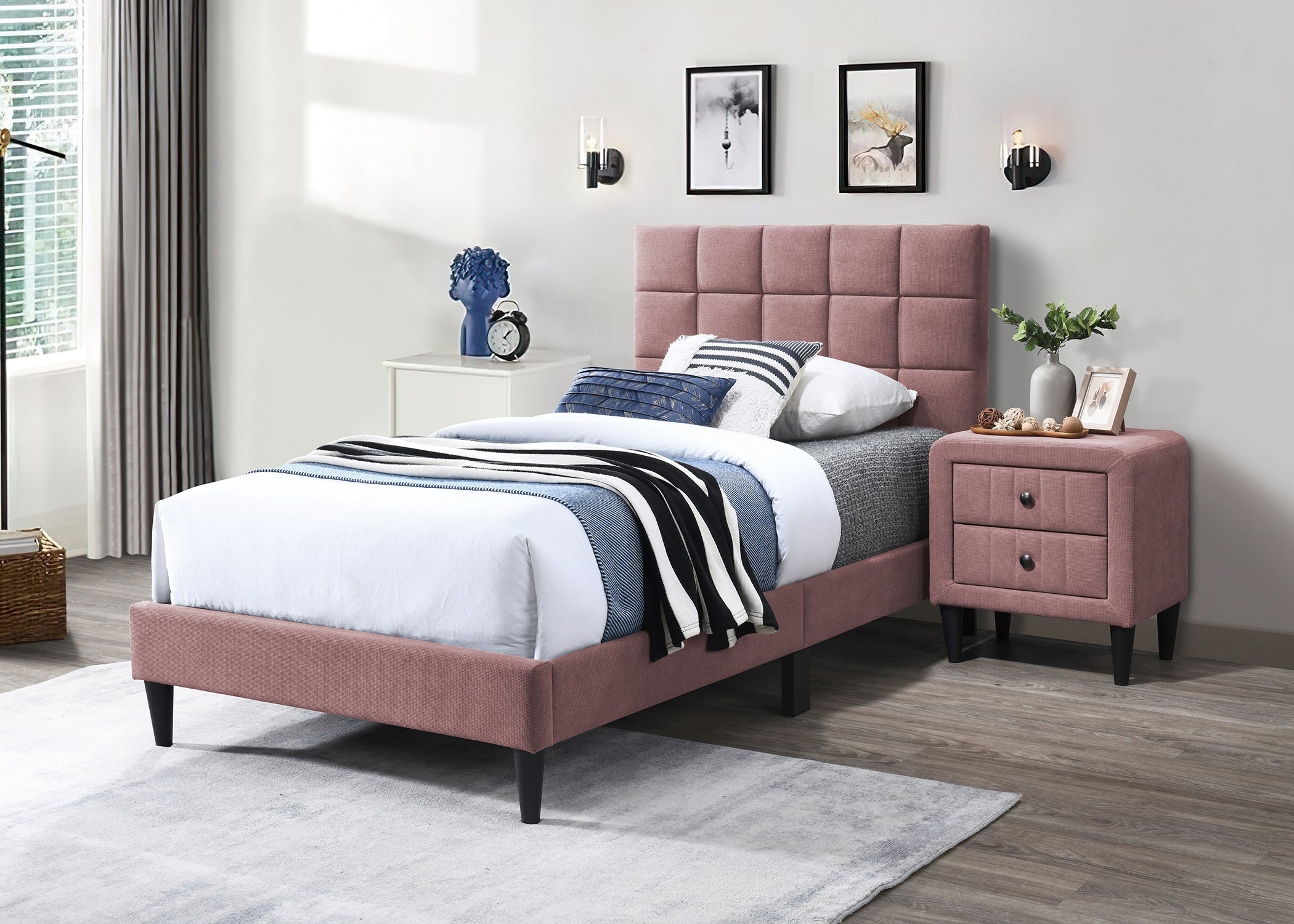 Modern Style Full Size Bed Nightstands Pink Upholstered Brushed Linen Fabric 3pc Bedroom  Set