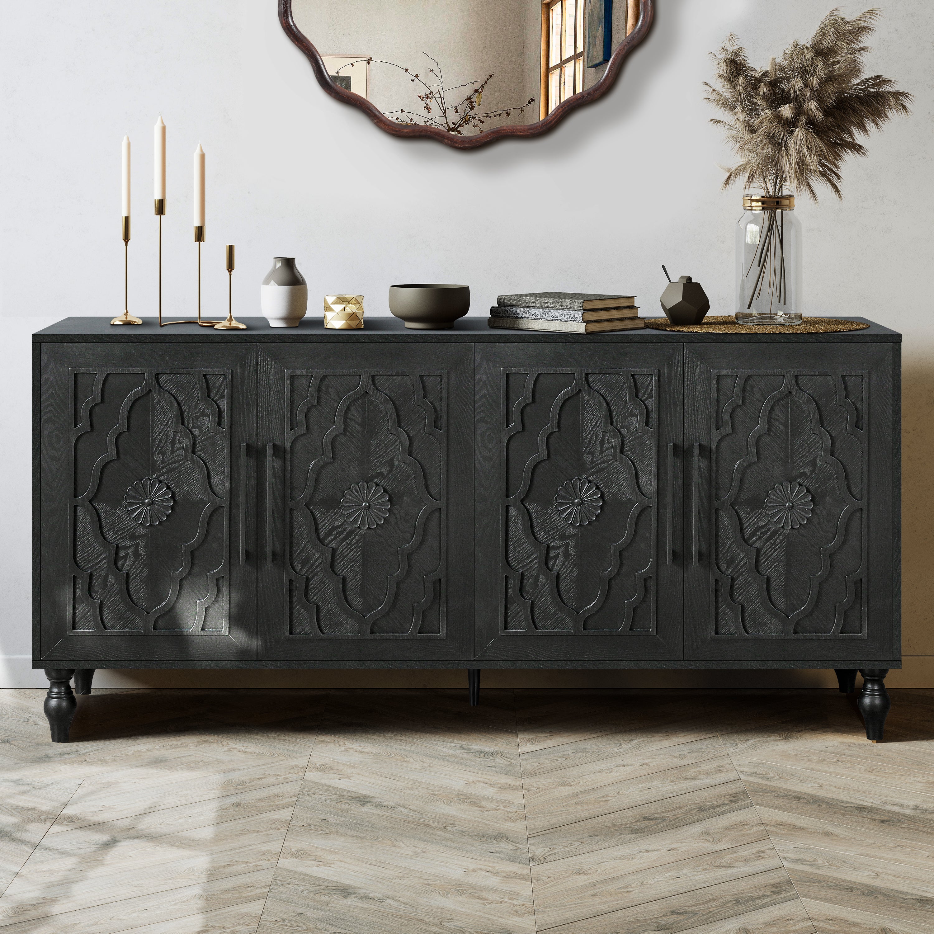 Carved Flower Door Large Accent Cabinet
