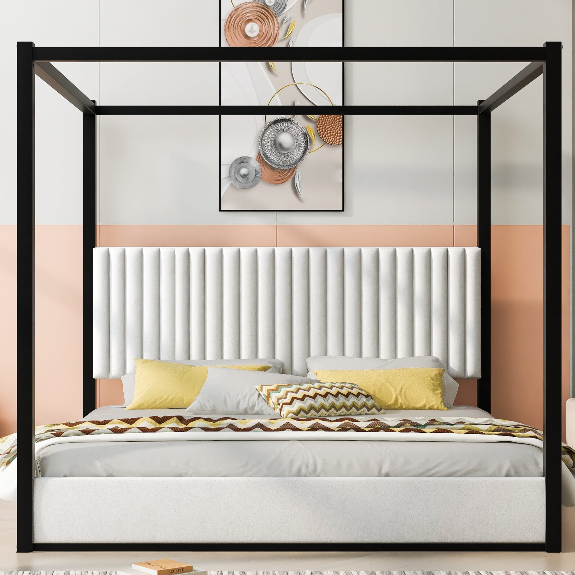 King Size Upholstery Canopy Platform Bed with Headboard and Metal Frame, White