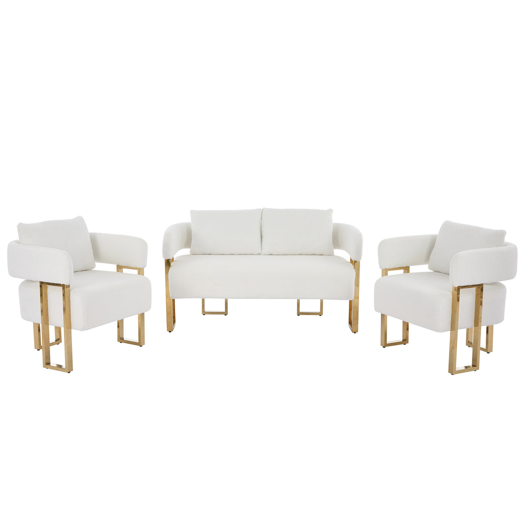 TS Modern Decorative Chair with Gold Metal Legs, White Teddy Fleece Upholstered Side Chair for Living Room, Dressing Area, or Office, No Wheels, Combo Set