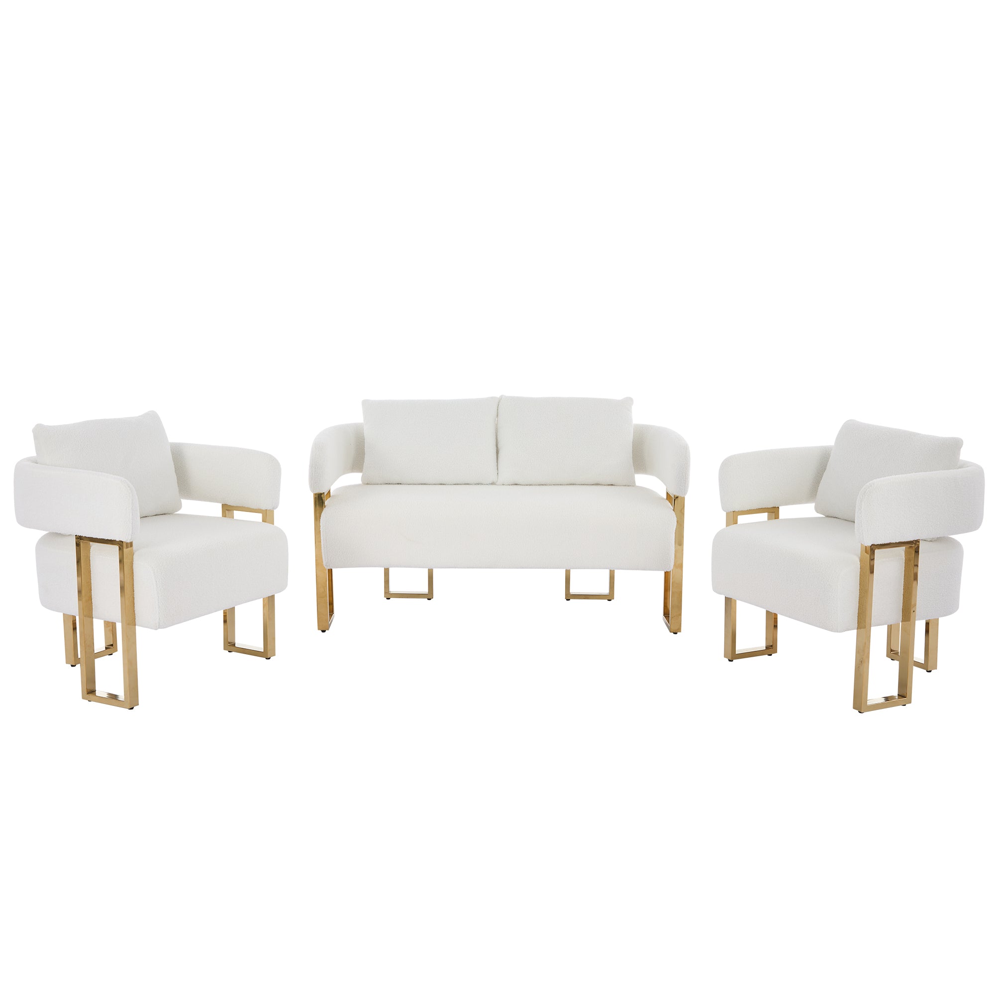 TS Modern Decorative Chair with Gold Metal Legs, White Teddy Fleece Upholstered Side Chair for Living Room, Dressing Area, or Office, No Wheels, Combo Set