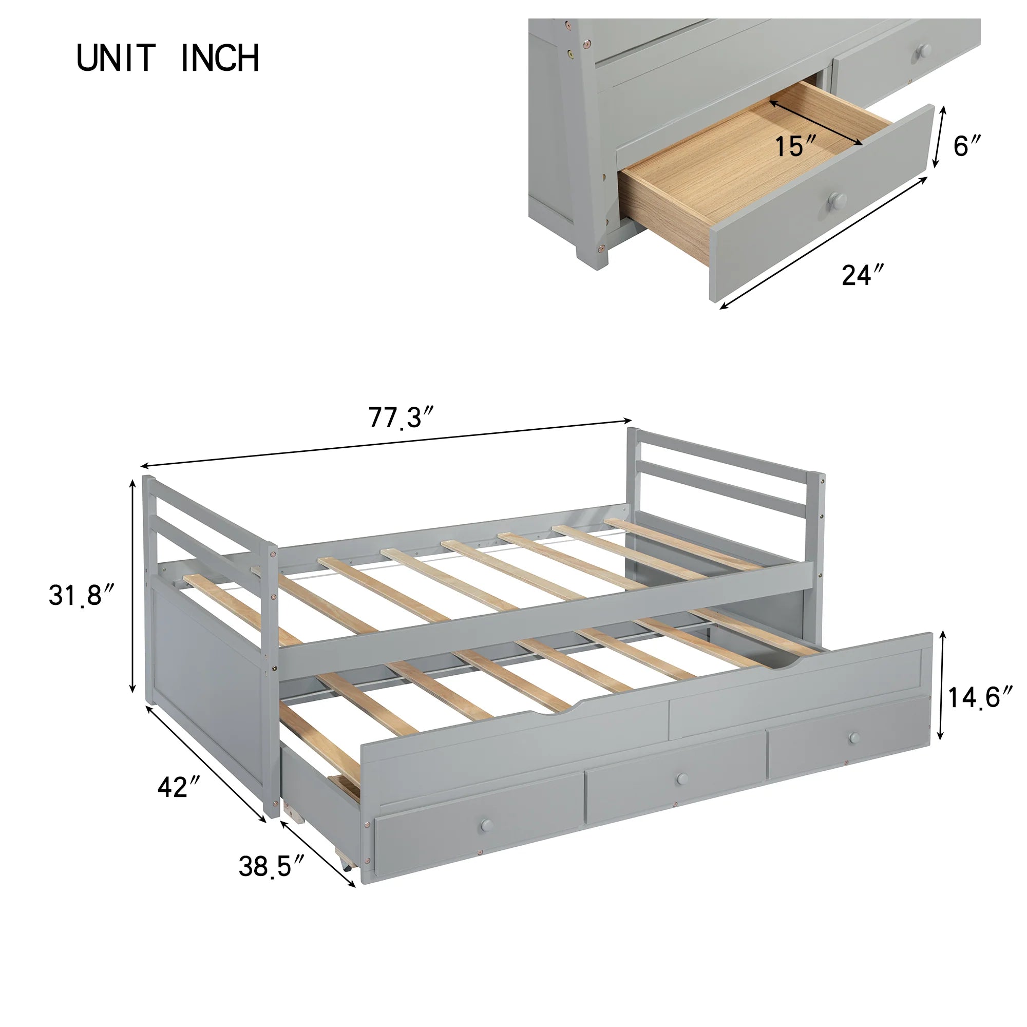 Twin Size Bed with Headboard, Footboard, Trundle and Three Storage Drawers, Twin Size Pine Wood Bed with Headboard, Footboard,Grey