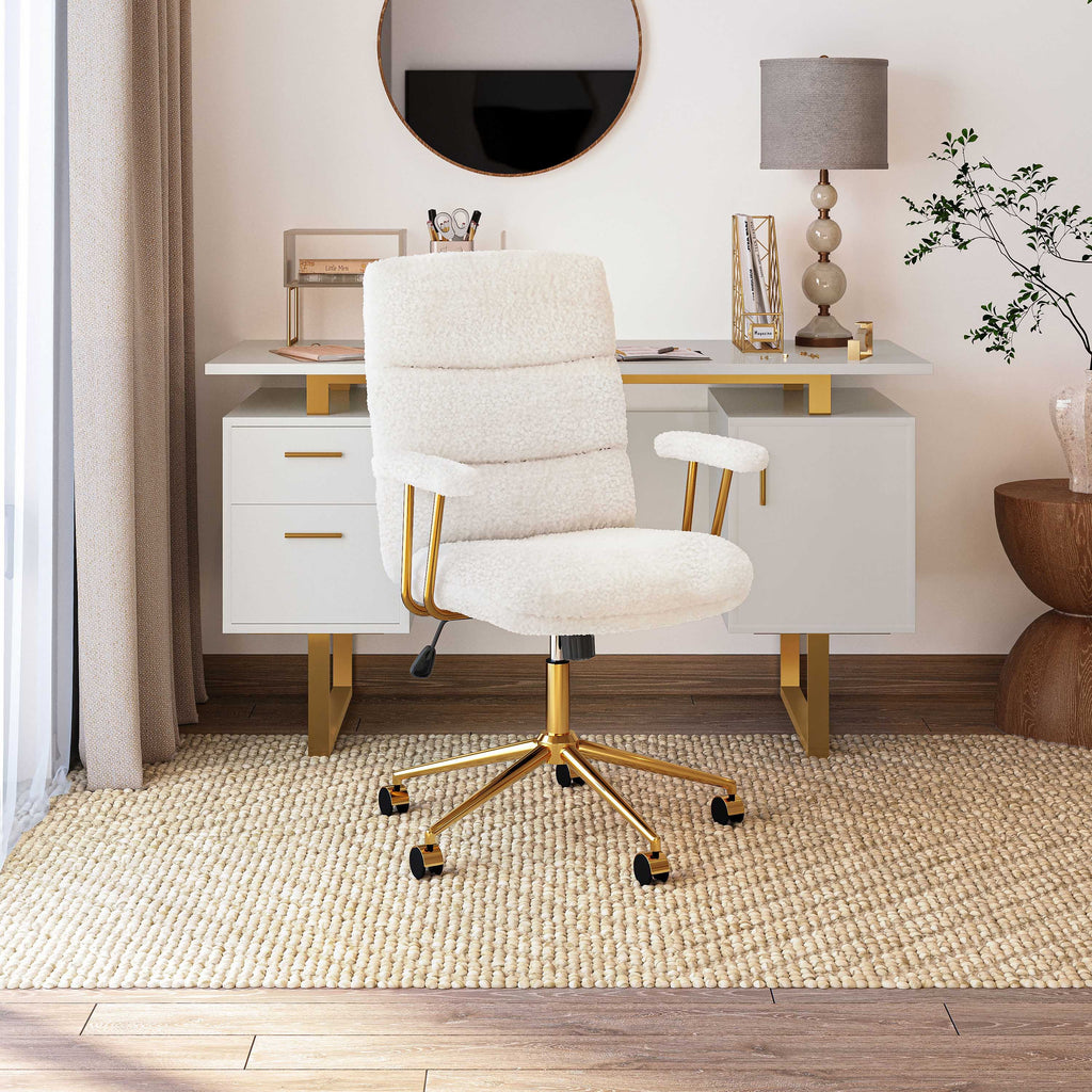 Textured Boucle Fabric White and Gold Office Chair