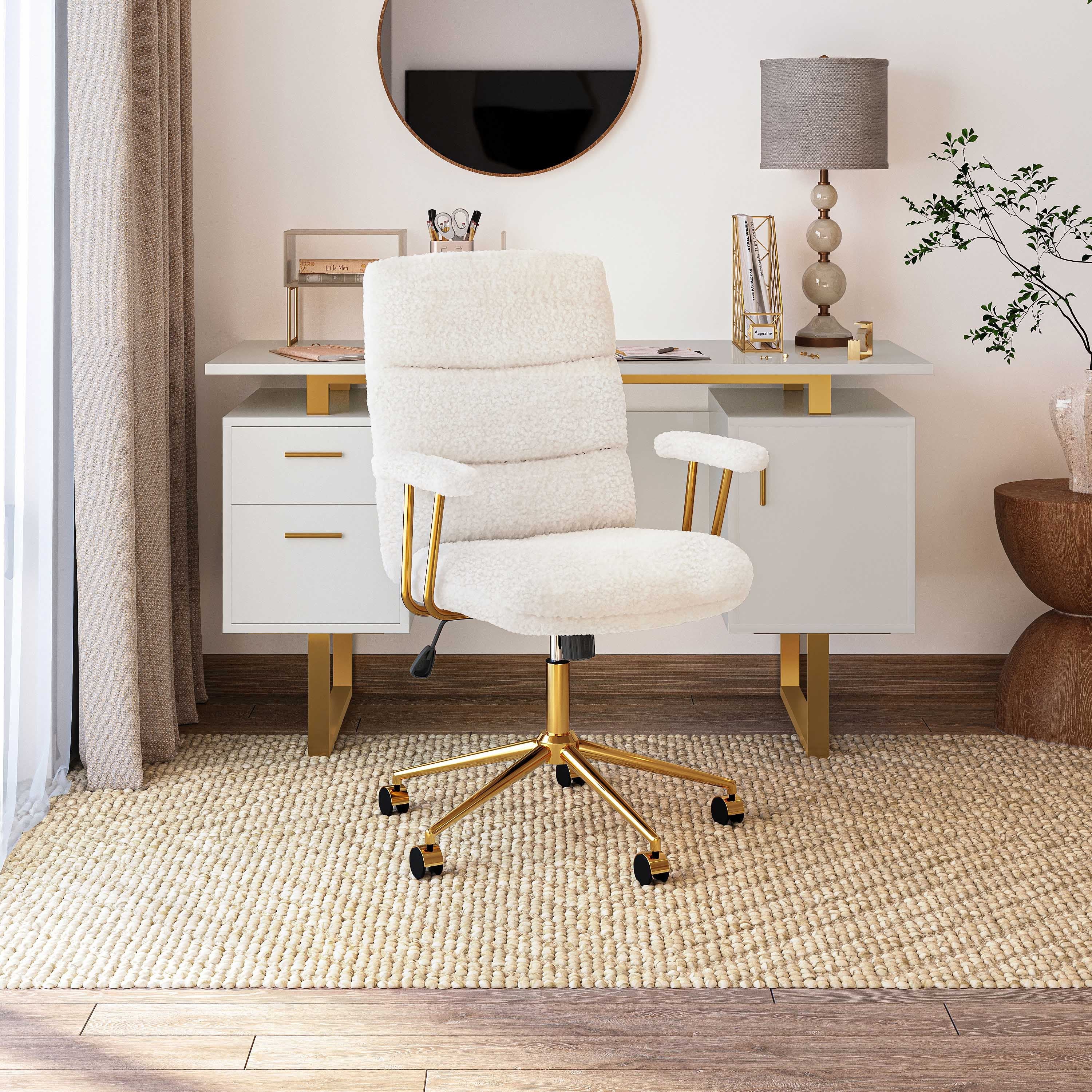 Textured Boucle Fabric White and Gold Office Chair
