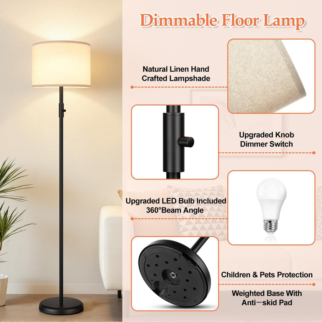 Black Dimmable Tall Floor Lamp 1000Lumens Linen Shade
