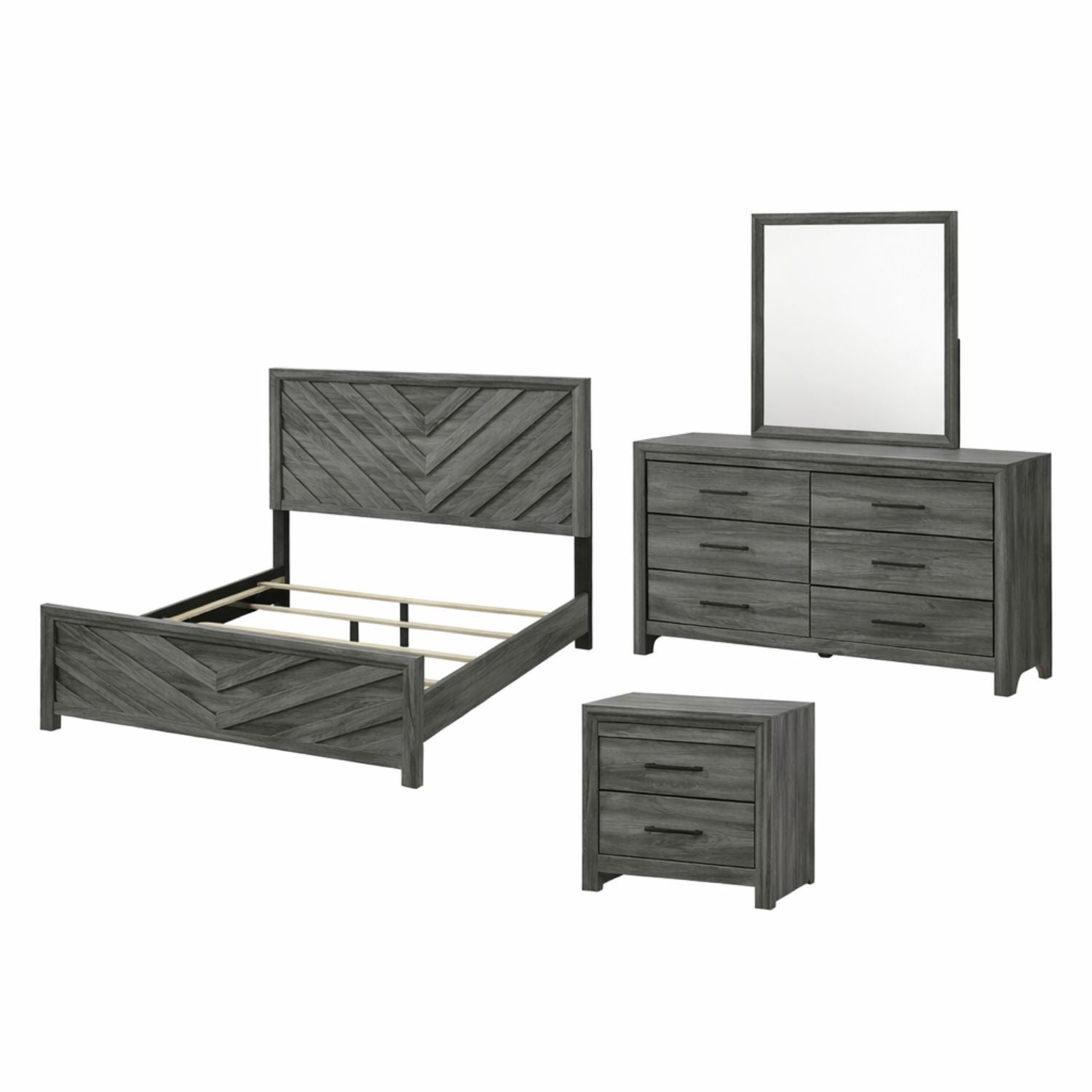 DENVER Modern Twin 4-Piece Bedroom Set in Gray Finish with Bed, Dresser, Mirror and Nightstand, Contemporary Storage Furniture Set