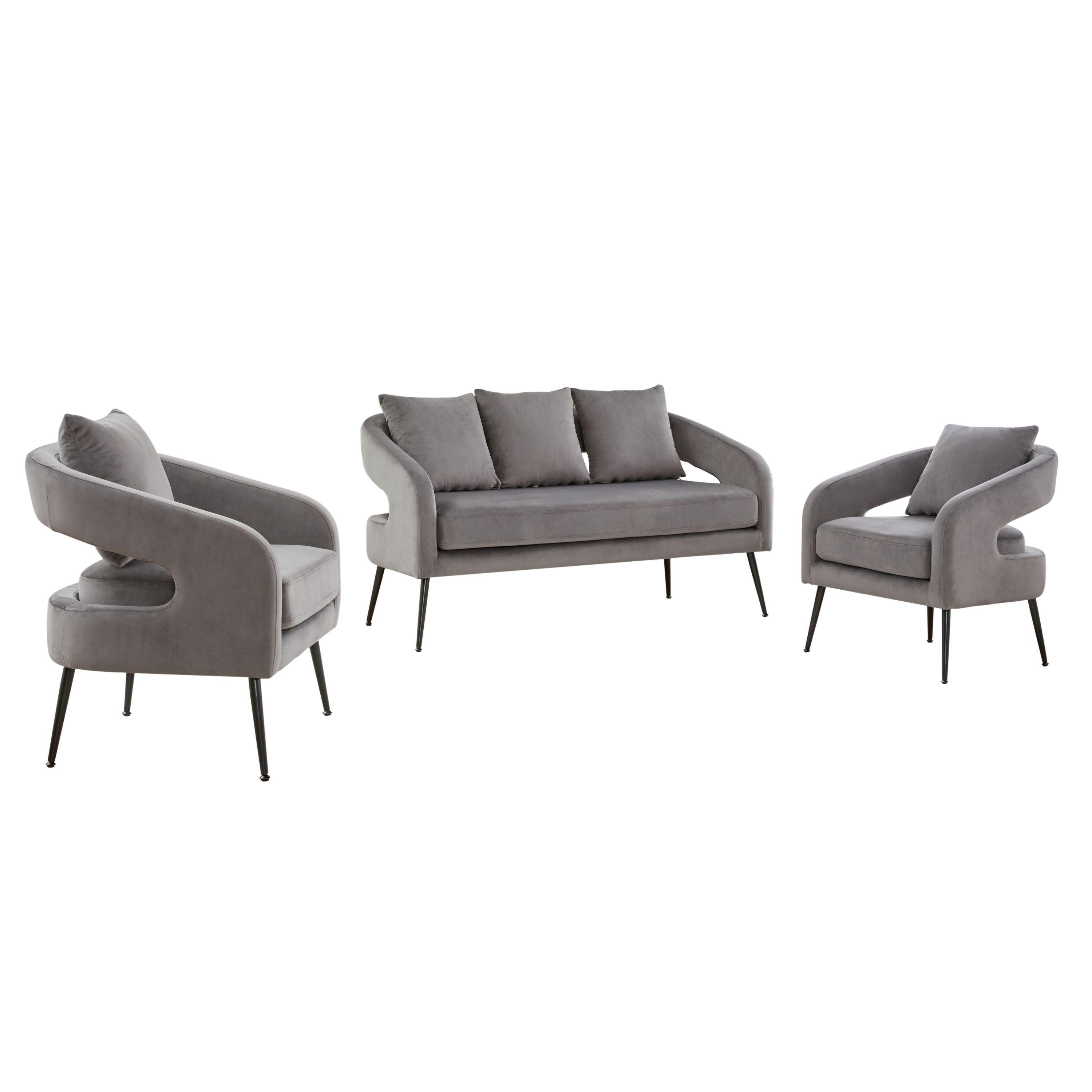 Charcoal Mid Century Modern Velvet 3-Piece Living Room Set